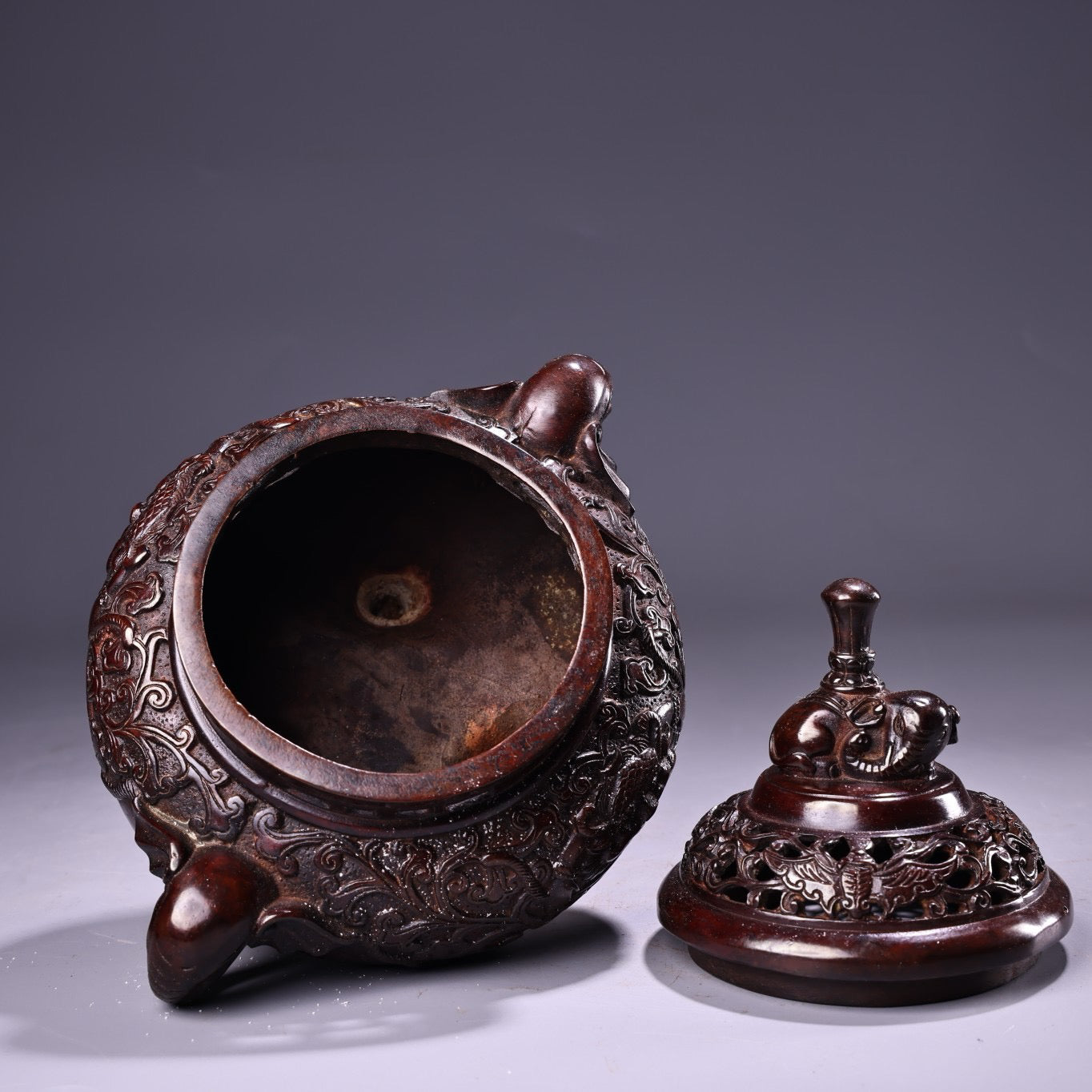 Chinese antique pure copper high relief carved incense burner