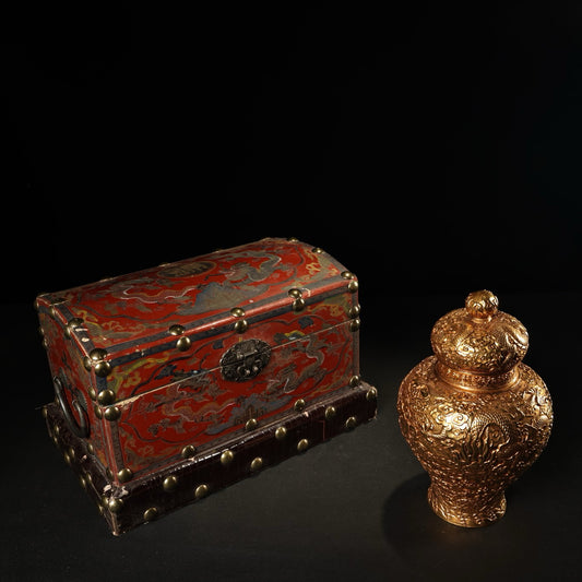 Chinese antique pure copper high relief carved gilded pan dragon general jar