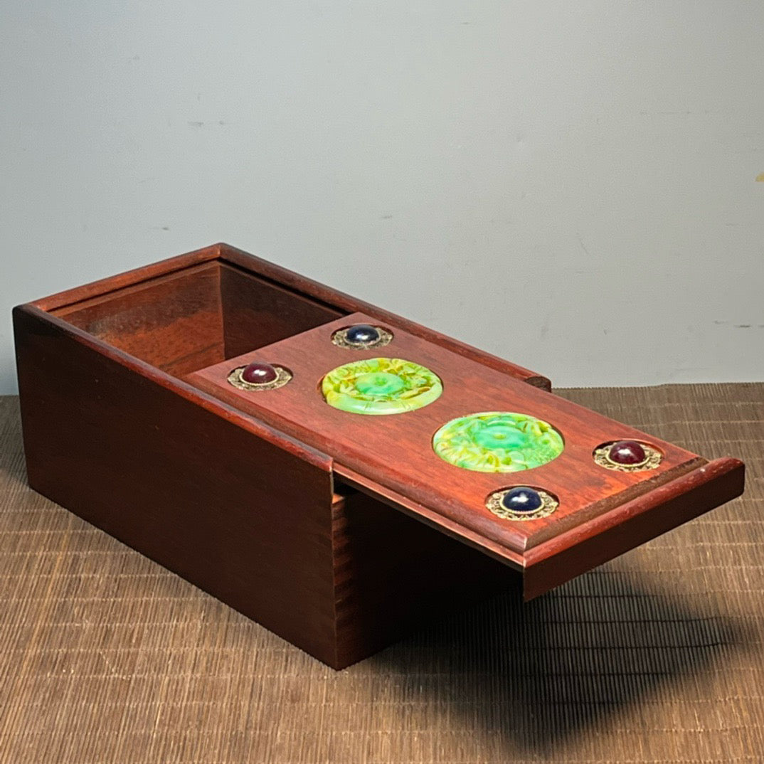 Sandalwood inlaid jade carving pull-out box