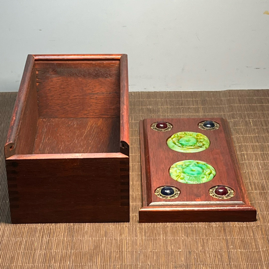 Sandalwood inlaid jade carving pull-out box