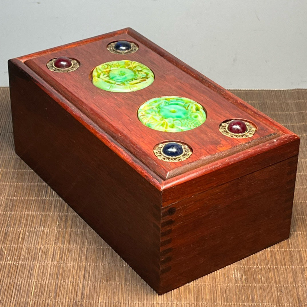 Sandalwood inlaid jade carving pull-out box