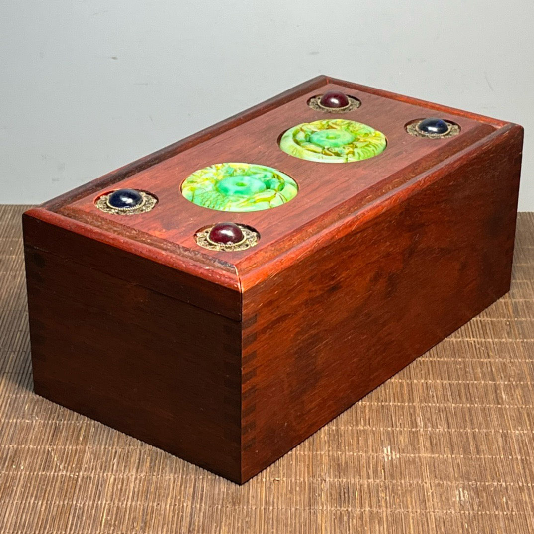 Sandalwood inlaid jade carving pull-out box