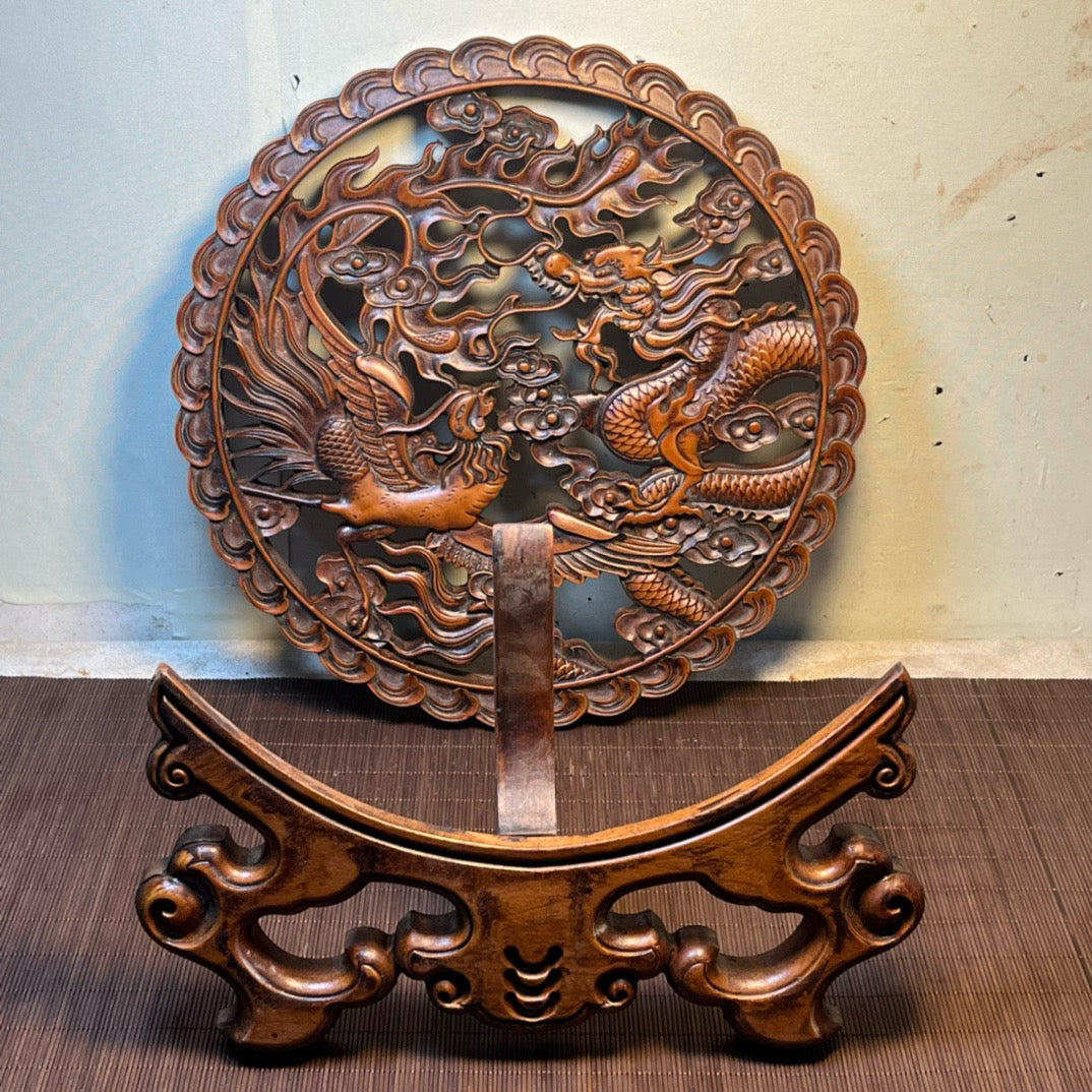 Huangyang wood carved dragon and phoenix circular screen ornaments