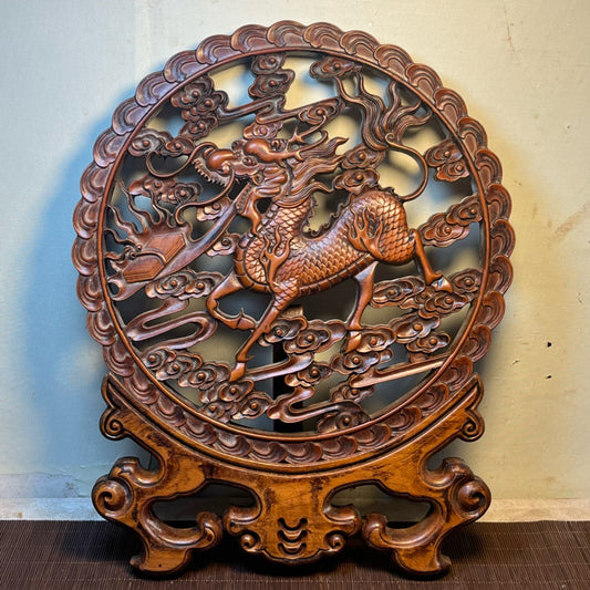 Huangyang wood carved qilin circular screen ornament