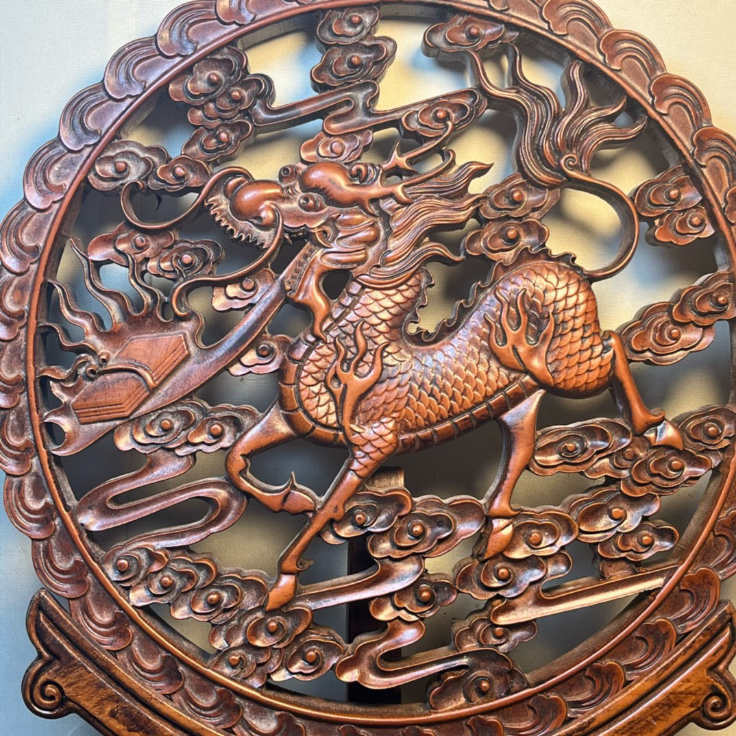 Huangyang wood carved dragon and phoenix circular screen ornaments