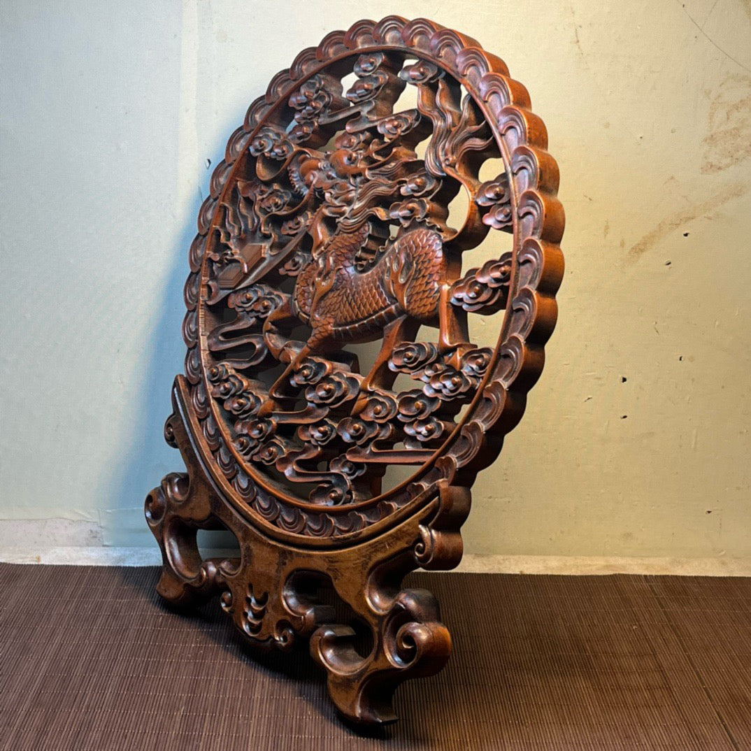 Huangyang wood carved dragon and phoenix circular screen ornaments