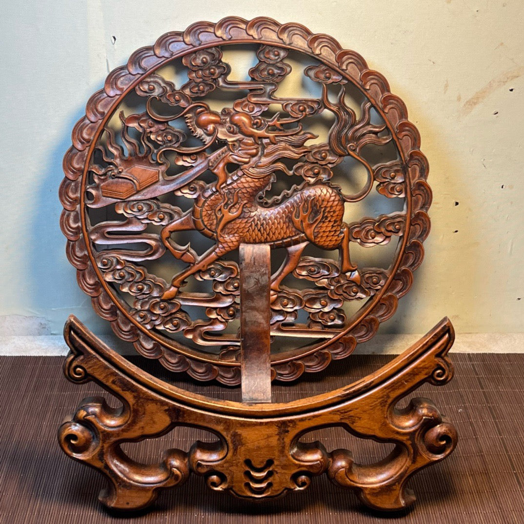 Huangyang wood carved qilin circular screen ornament