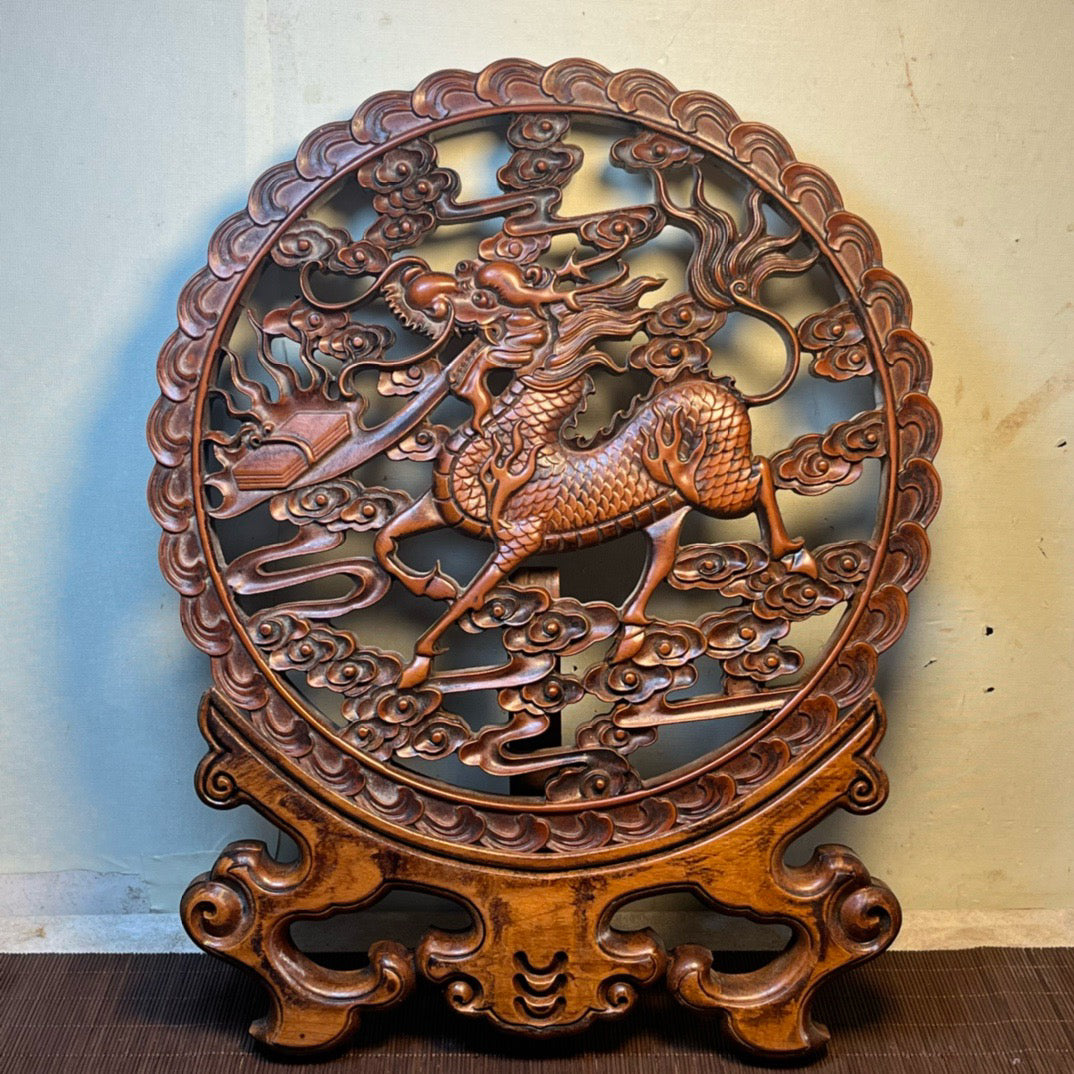 Huangyang wood carved qilin circular screen ornament