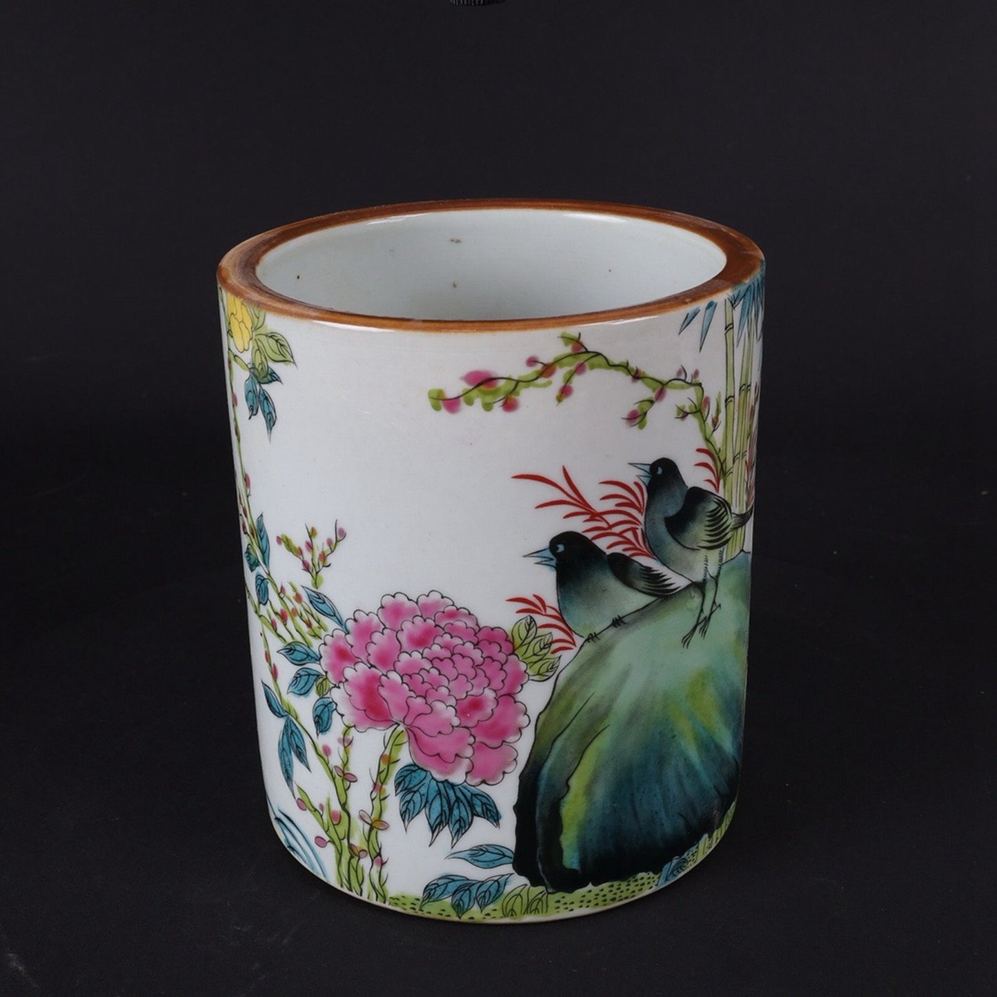 Republic of China Pink Flower Bird Bamboo Pattern Round Pen Holder