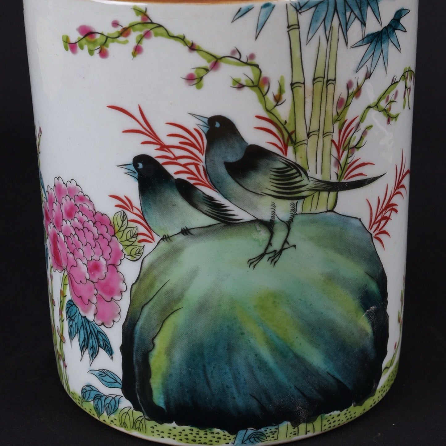 Republic of China Pink Flower Bird Bamboo Pattern Round Pen Holder