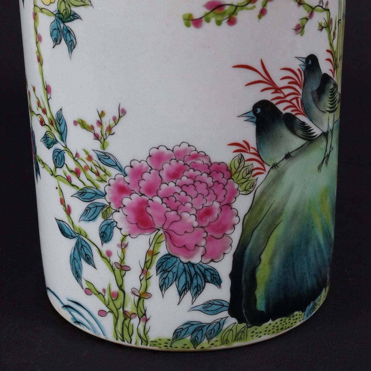 Republic of China Pink Flower Bird Bamboo Pattern Round Pen Holder