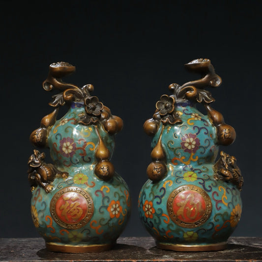 A pair of copper cloisonn é wire cut enamel colored [Fushou] ornaments