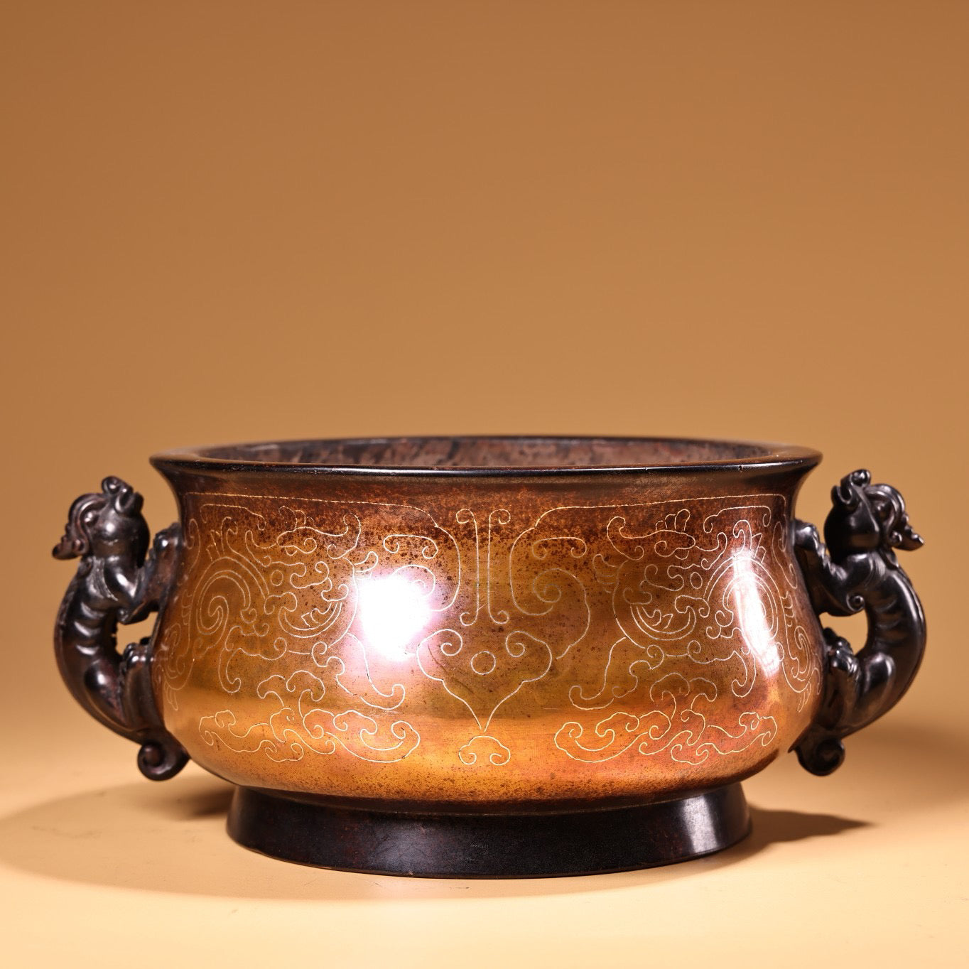 Chinese antique pure copper handmade high relief carved silver wire incense burner