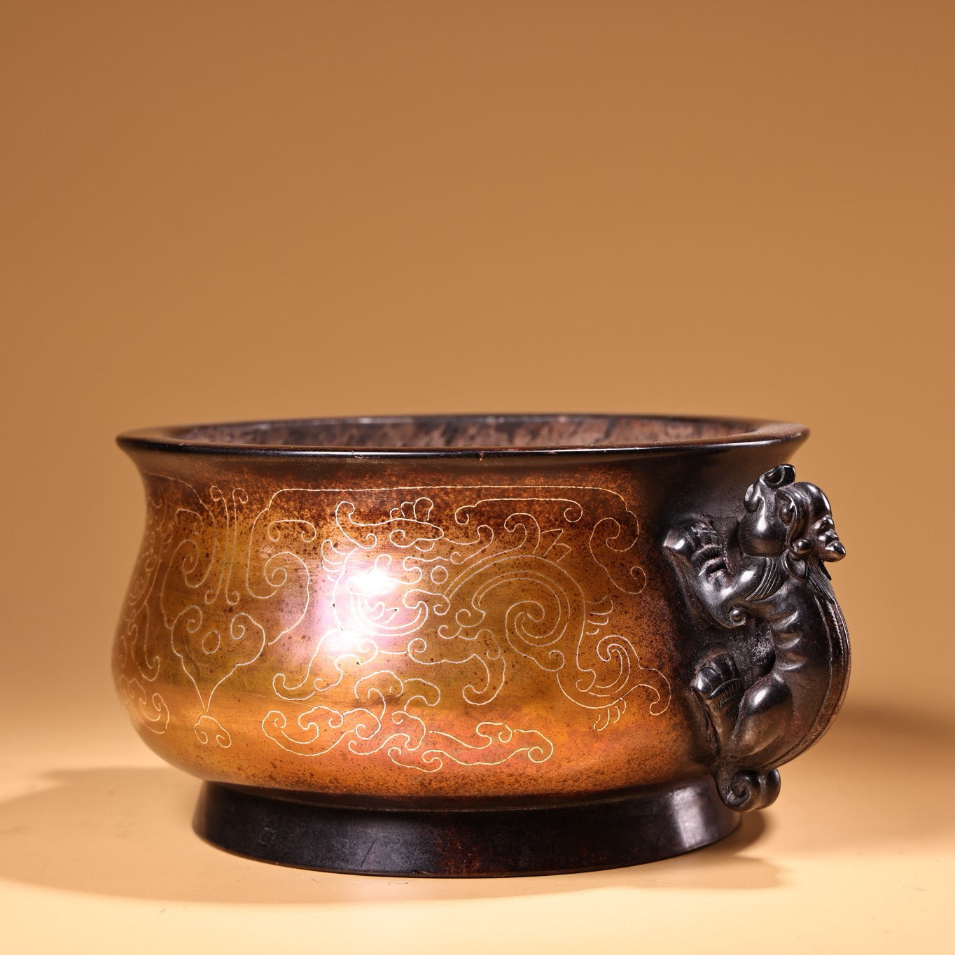 Chinese antique pure copper handmade high relief carved silver wire incense burner