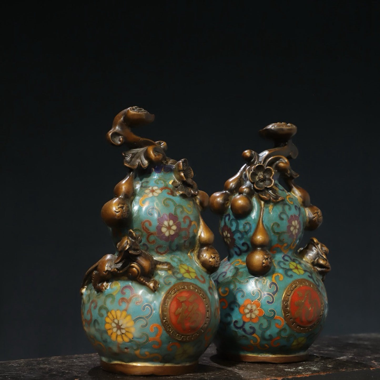 A pair of copper cloisonn é wire cut enamel colored [Fushou] ornaments