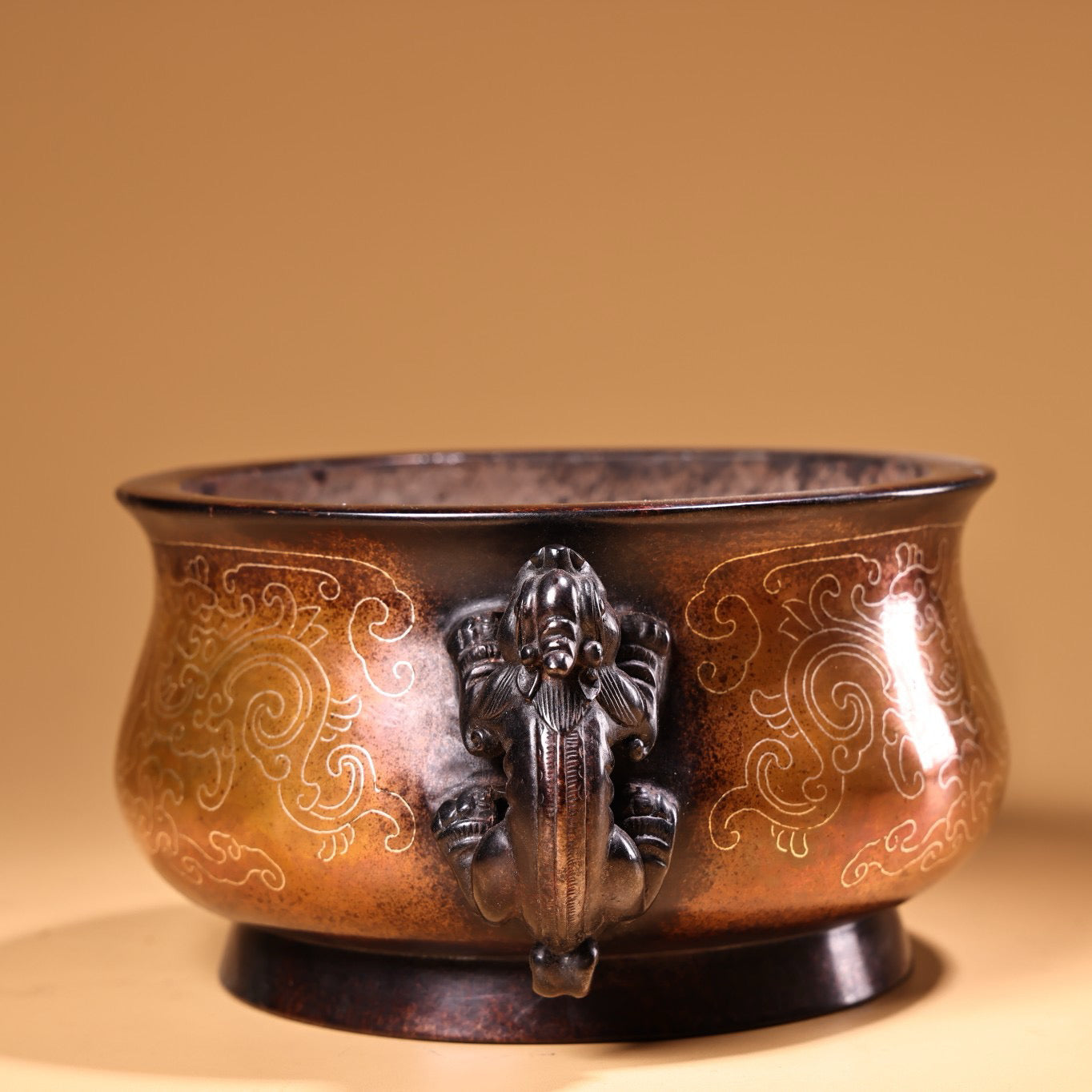 Chinese antique pure copper handmade high relief carved silver wire incense burner