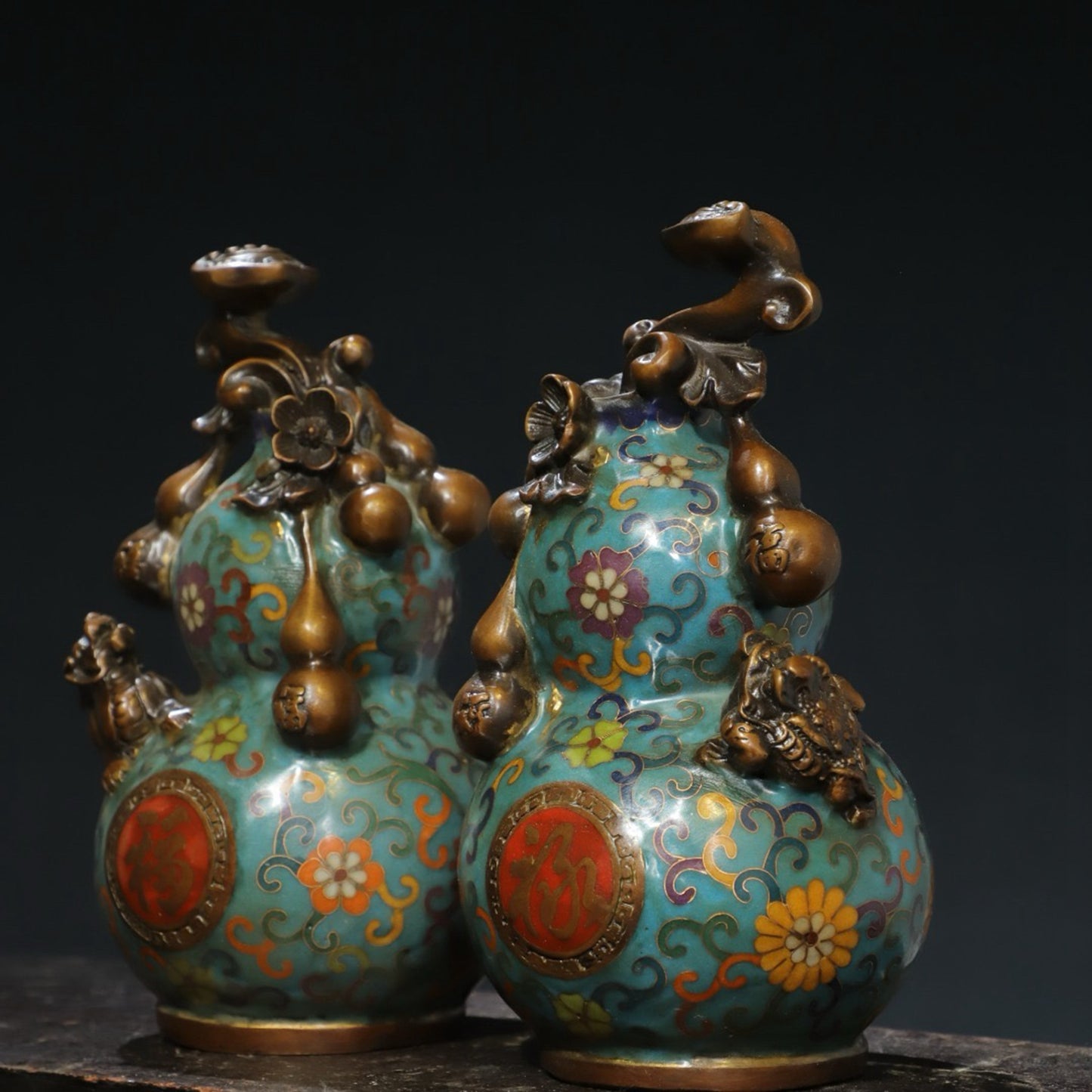 A pair of copper cloisonn é wire cut enamel colored [Fushou] ornaments