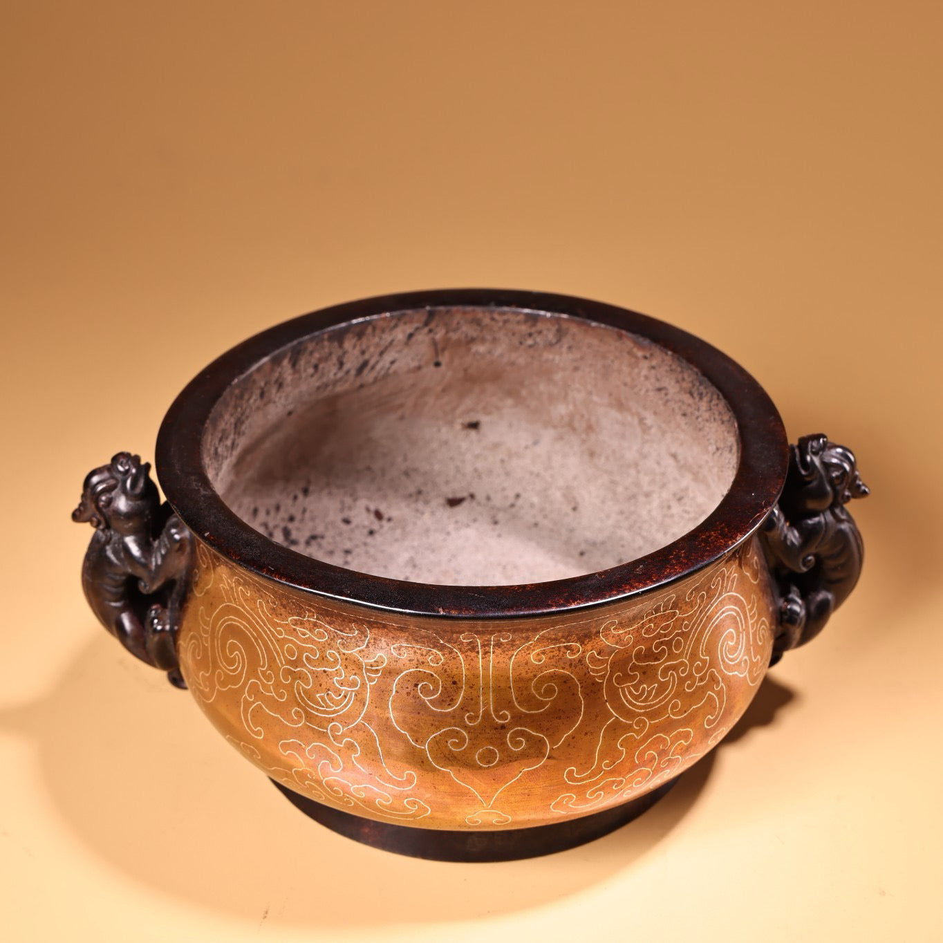 Chinese antique pure copper handmade high relief carved silver wire incense burner