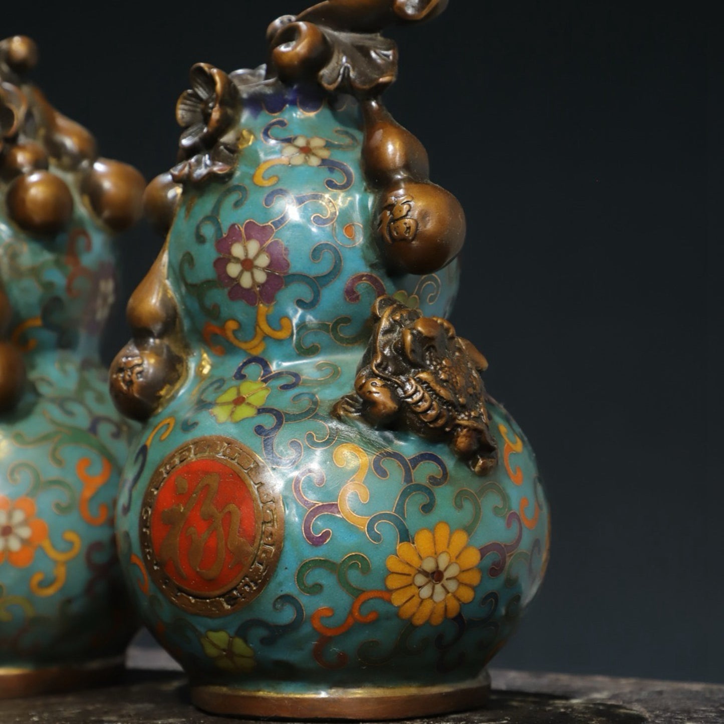 A pair of copper cloisonn é wire cut enamel colored [Fushou] ornaments