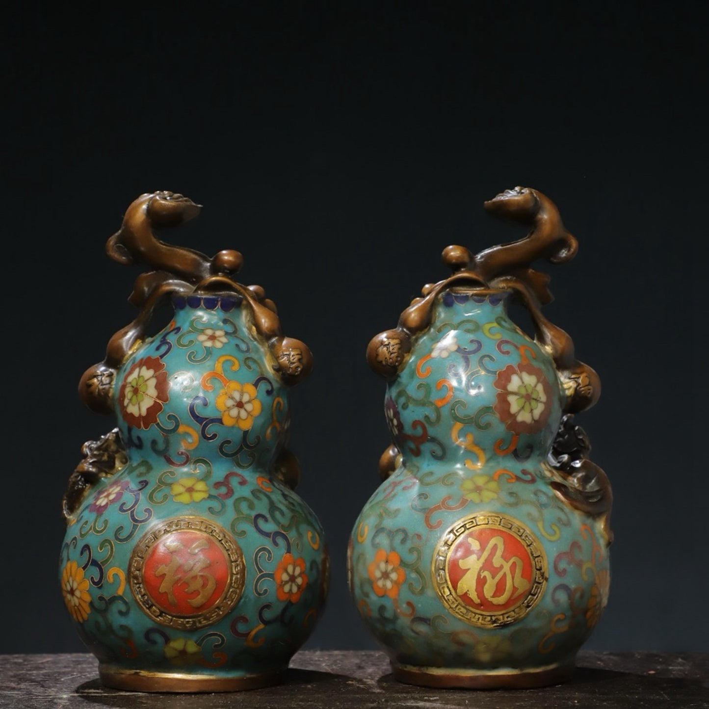 A pair of copper cloisonn é wire cut enamel colored [Fushou] ornaments