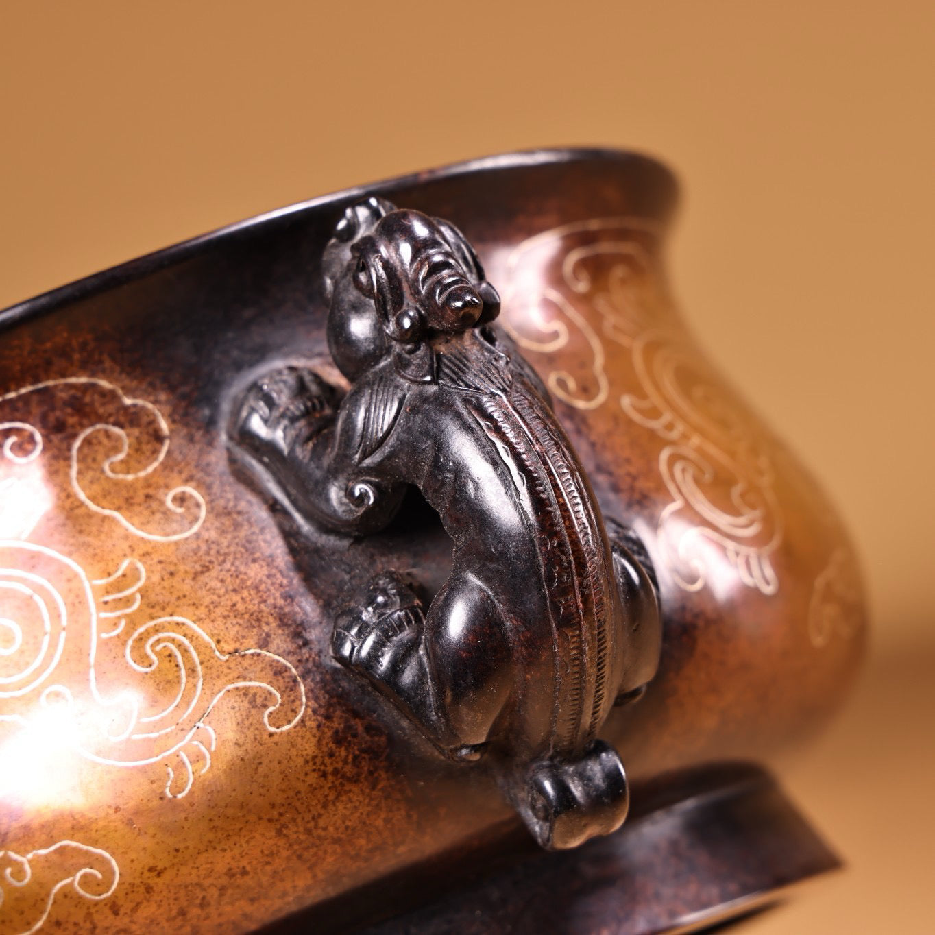 Chinese antique pure copper handmade high relief carved silver wire incense burner