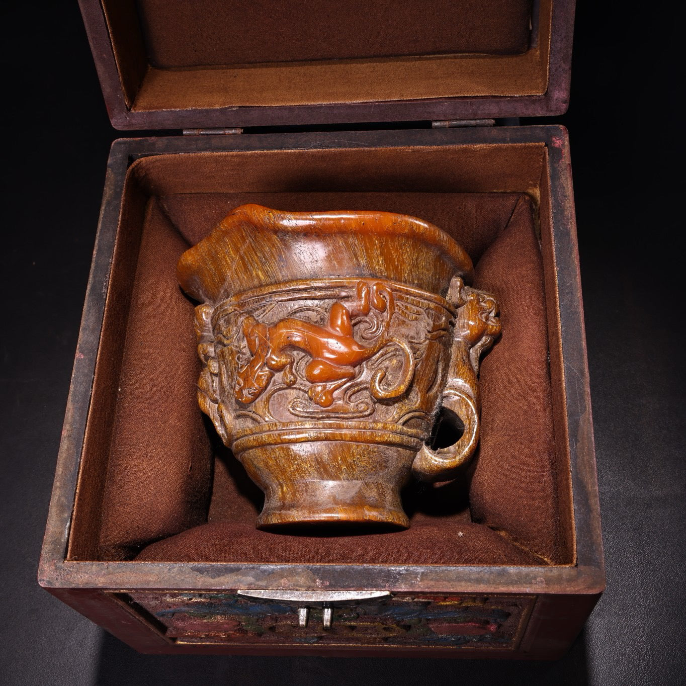 Chinese antique high relief rhinoceros horn coiled dragon wine glass