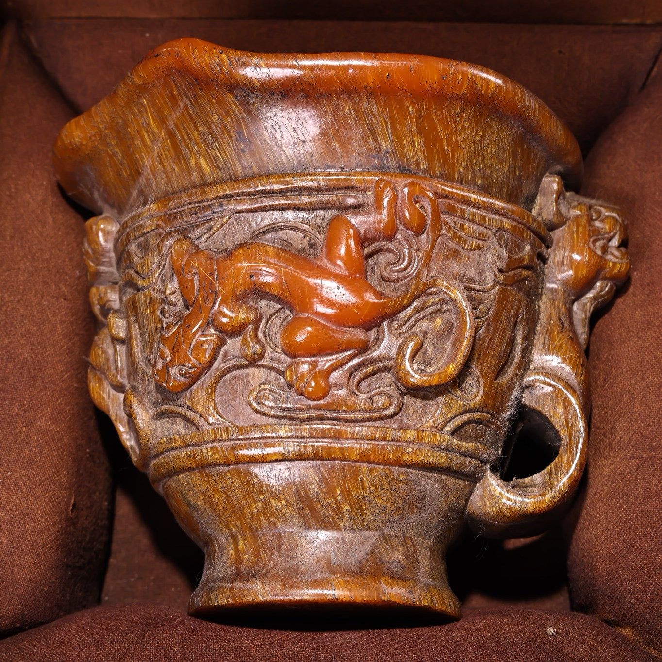 Chinese antique high relief rhinoceros horn coiled dragon wine glass