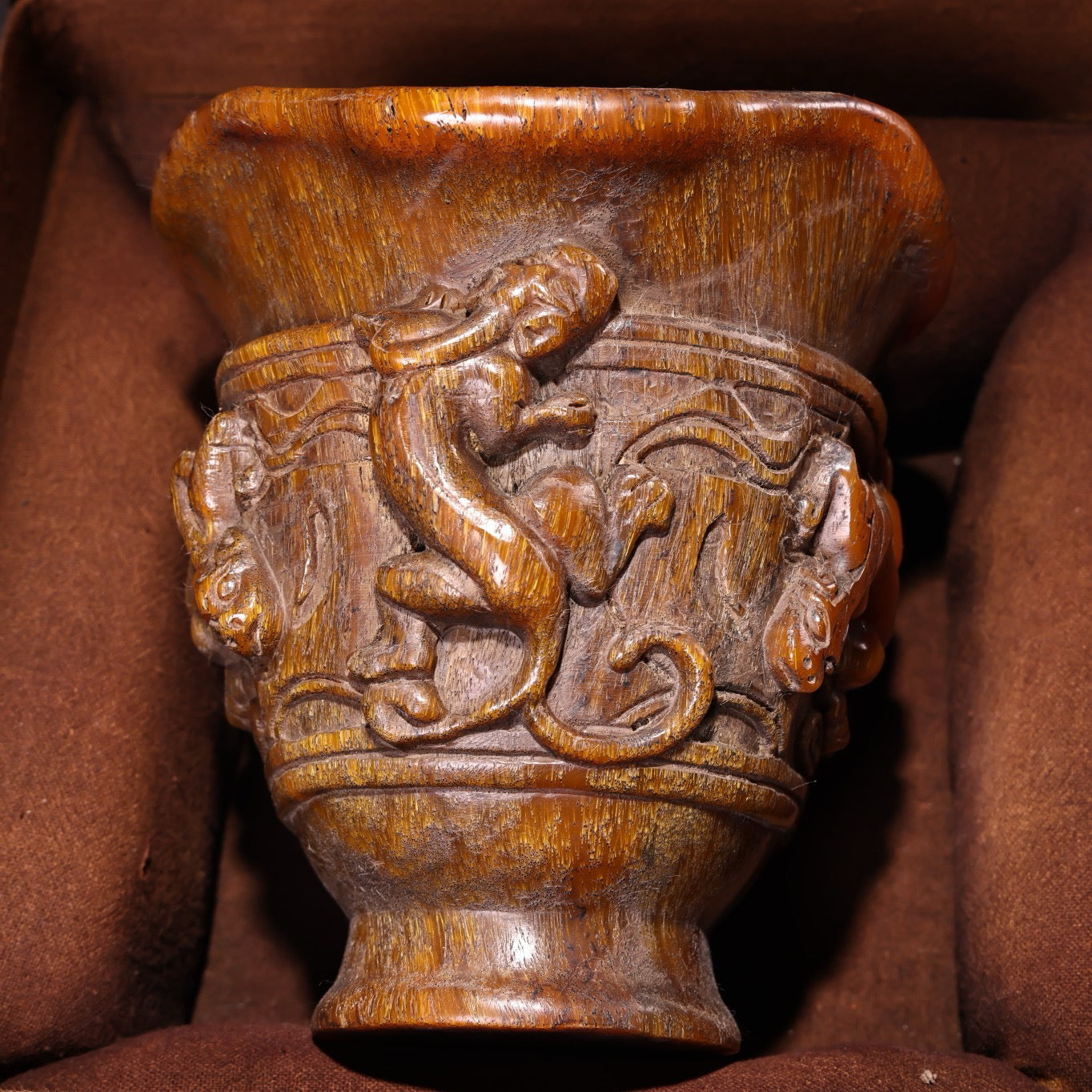 Chinese antique high relief rhinoceros horn coiled dragon wine glass
