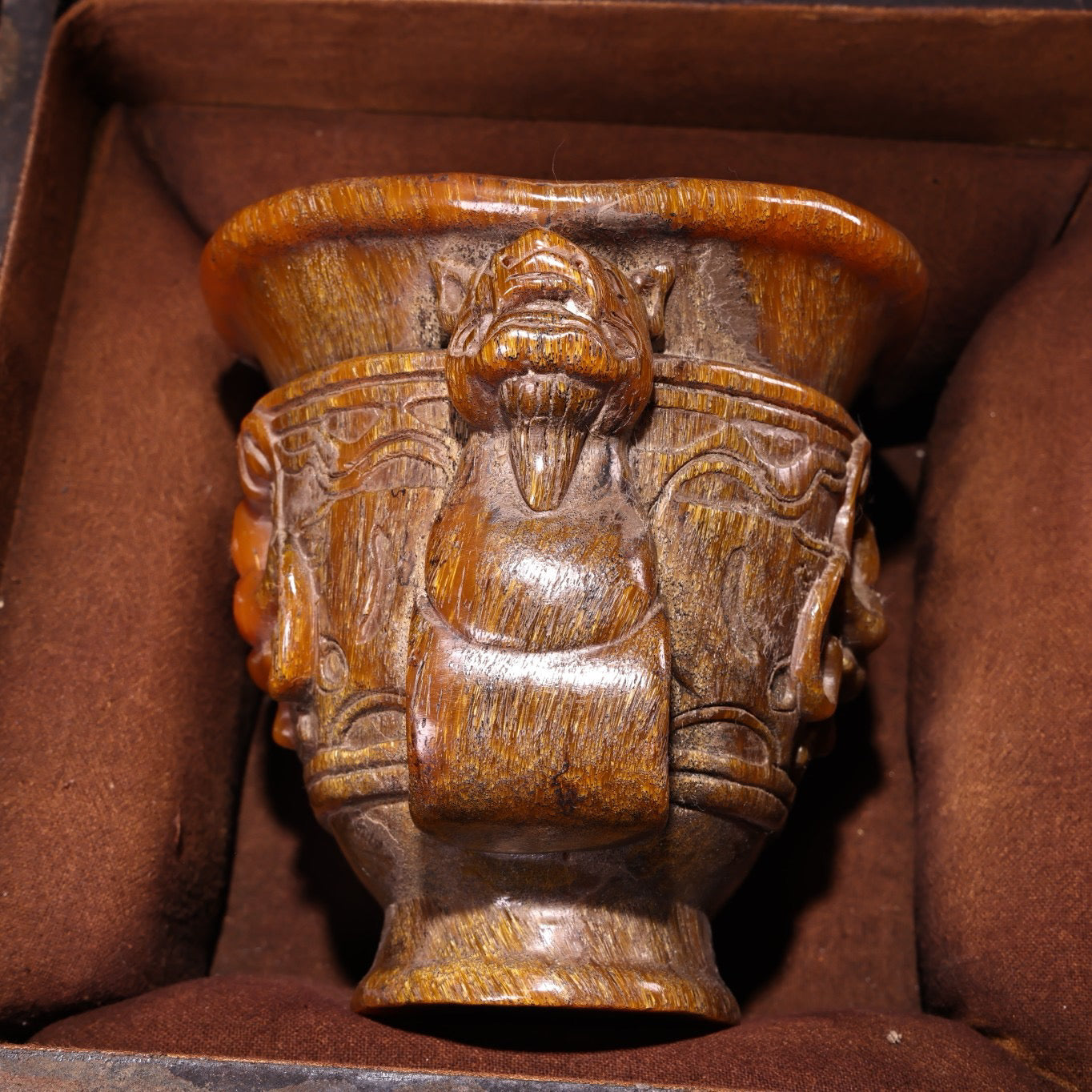 Chinese antique high relief rhinoceros horn coiled dragon wine glass