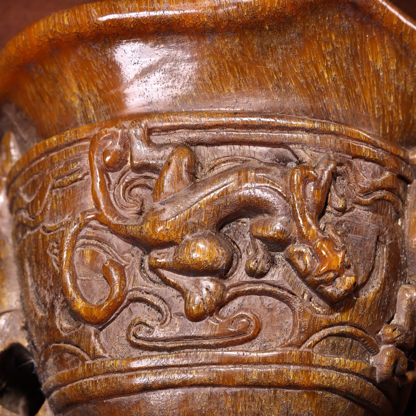 Chinese antique high relief rhinoceros horn coiled dragon wine glass