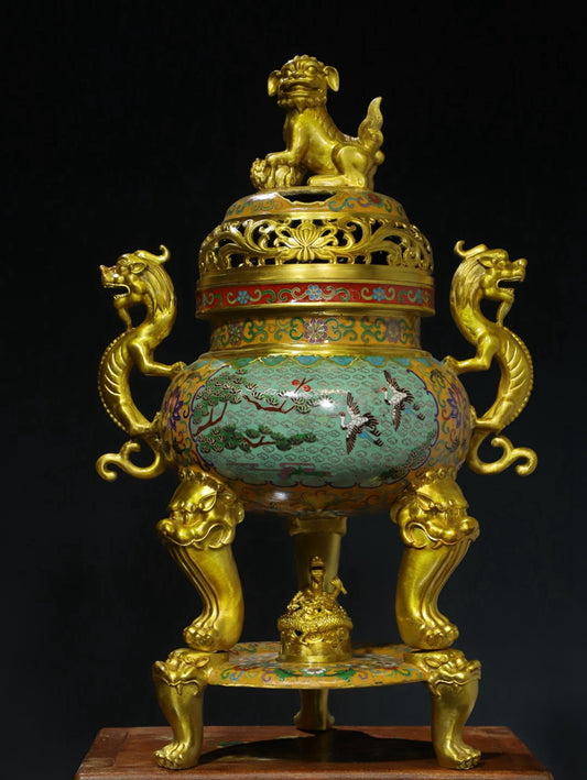 Copper Cloisonne Twisted Enamel Color [Dragon Ear and Lion Lid] Aromatherapy Stove