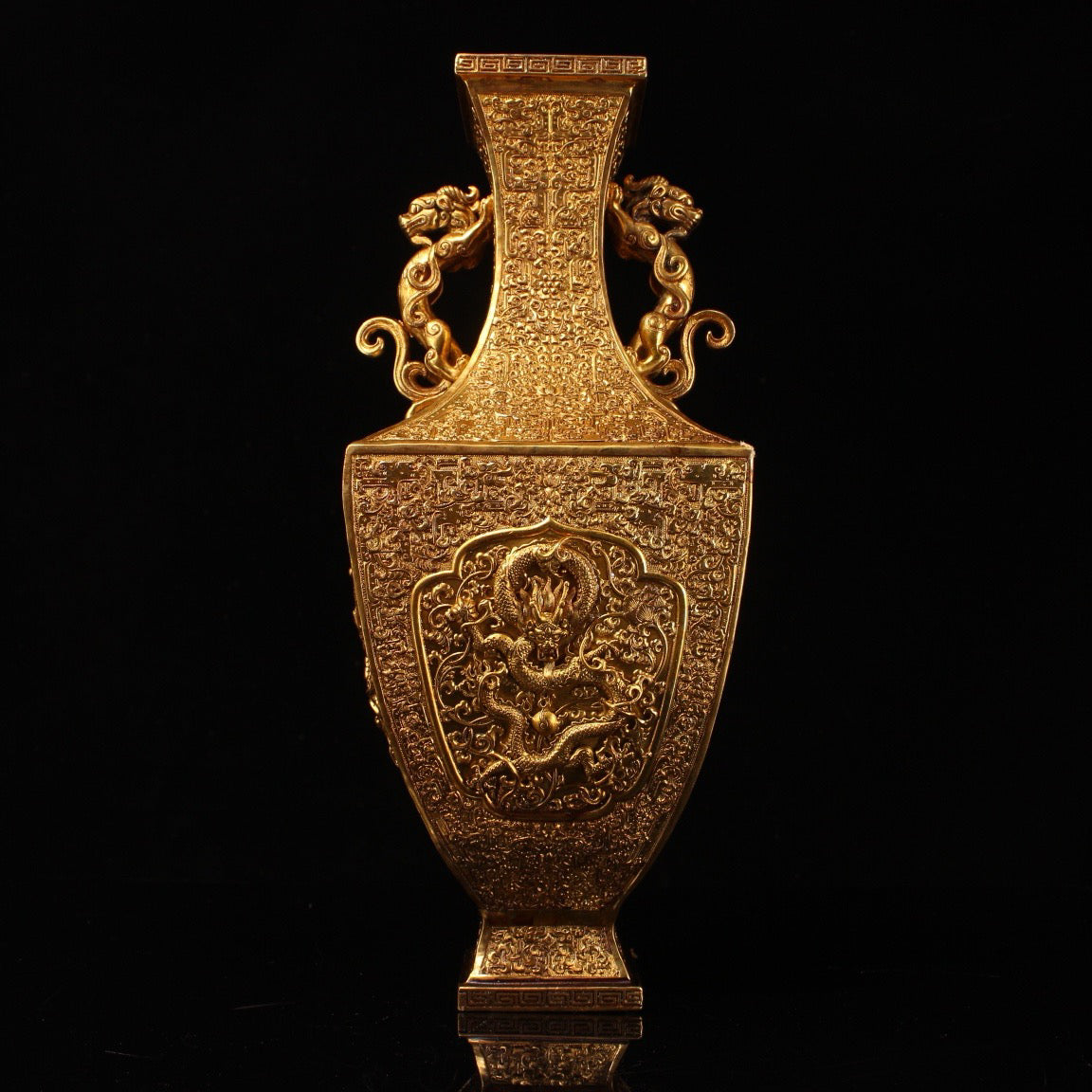 Chinese antique pure copper high relief carved gold-plated dragon vase