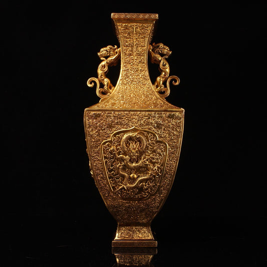 Chinese antique pure copper high relief carved gold-plated dragon vase