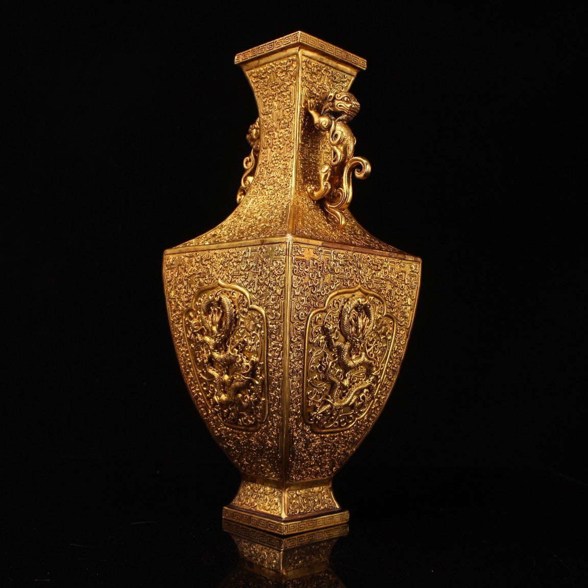 Chinese antique pure copper high relief carved gold-plated dragon vase
