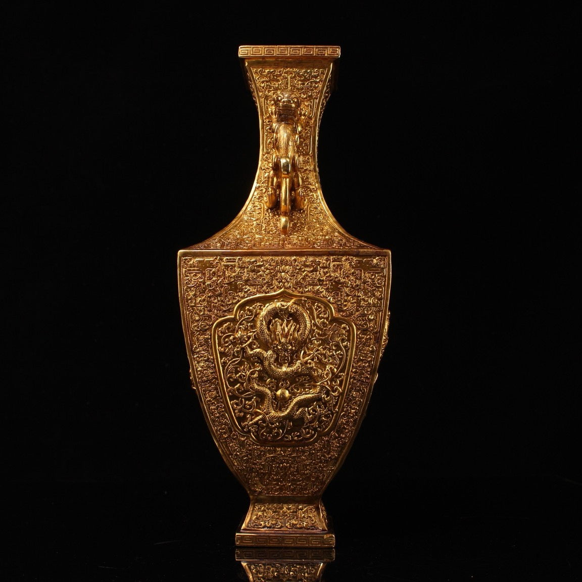 Chinese antique pure copper high relief carved gold-plated dragon vase