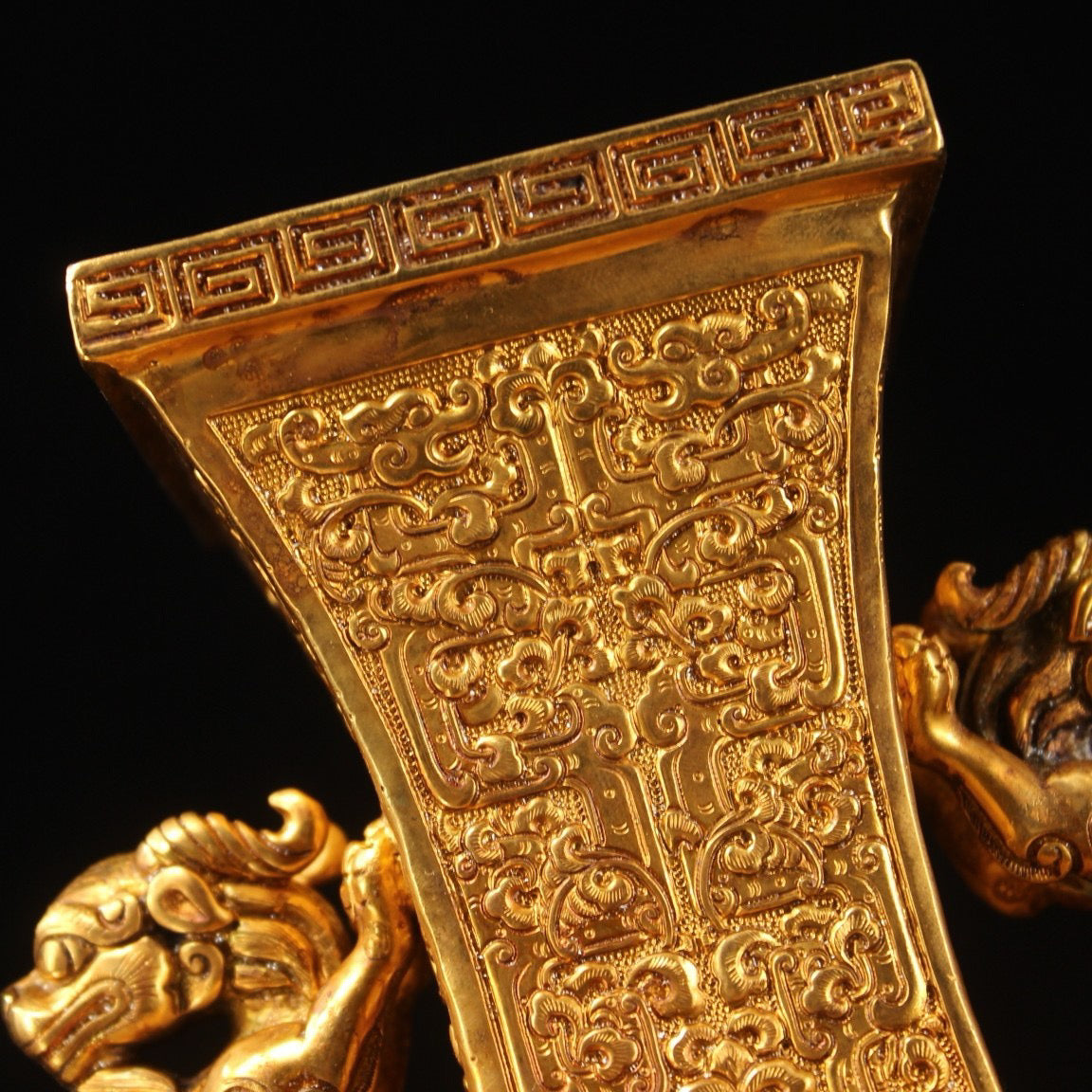 Chinese antique pure copper high relief carved gold-plated dragon vase