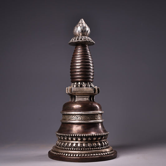 Chinese antique pure copper high relief carved gilded silver pagoda
