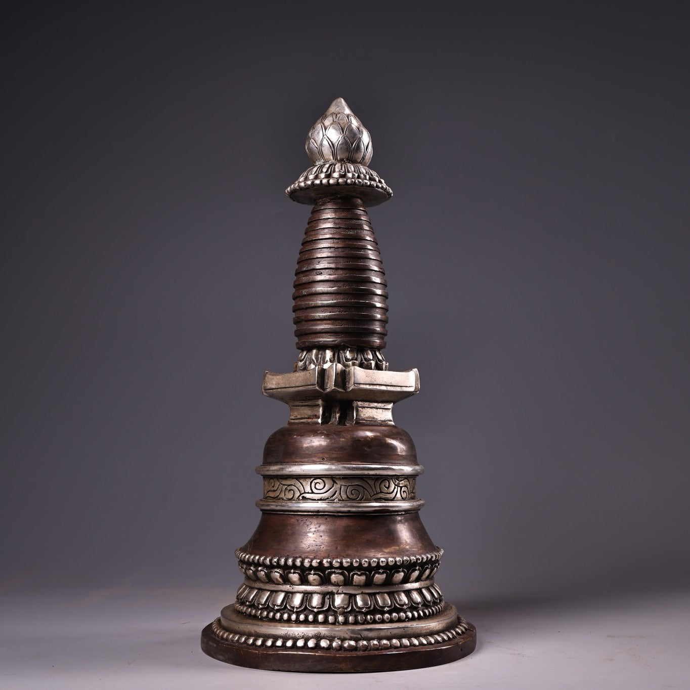 Chinese antique pure copper high relief carved gilded silver pagoda