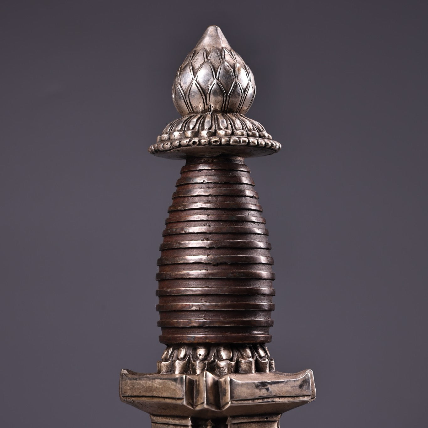 Chinese antique pure copper high relief carved gilded silver pagoda