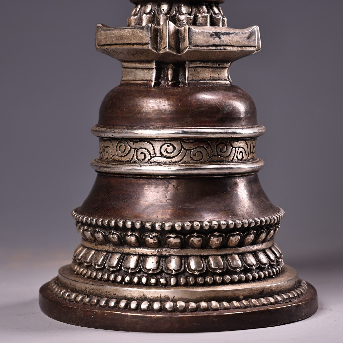 Chinese antique pure copper high relief carved gilded silver pagoda