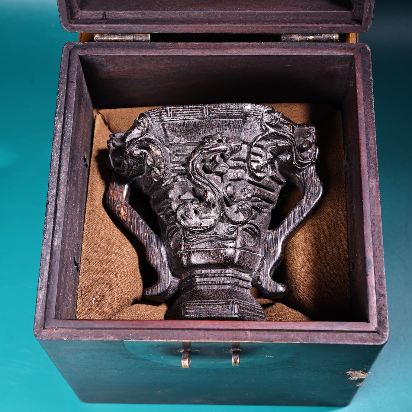 Chinese Antique High Relief Carving Rhinoceros Horn Point Carving Wine Cup