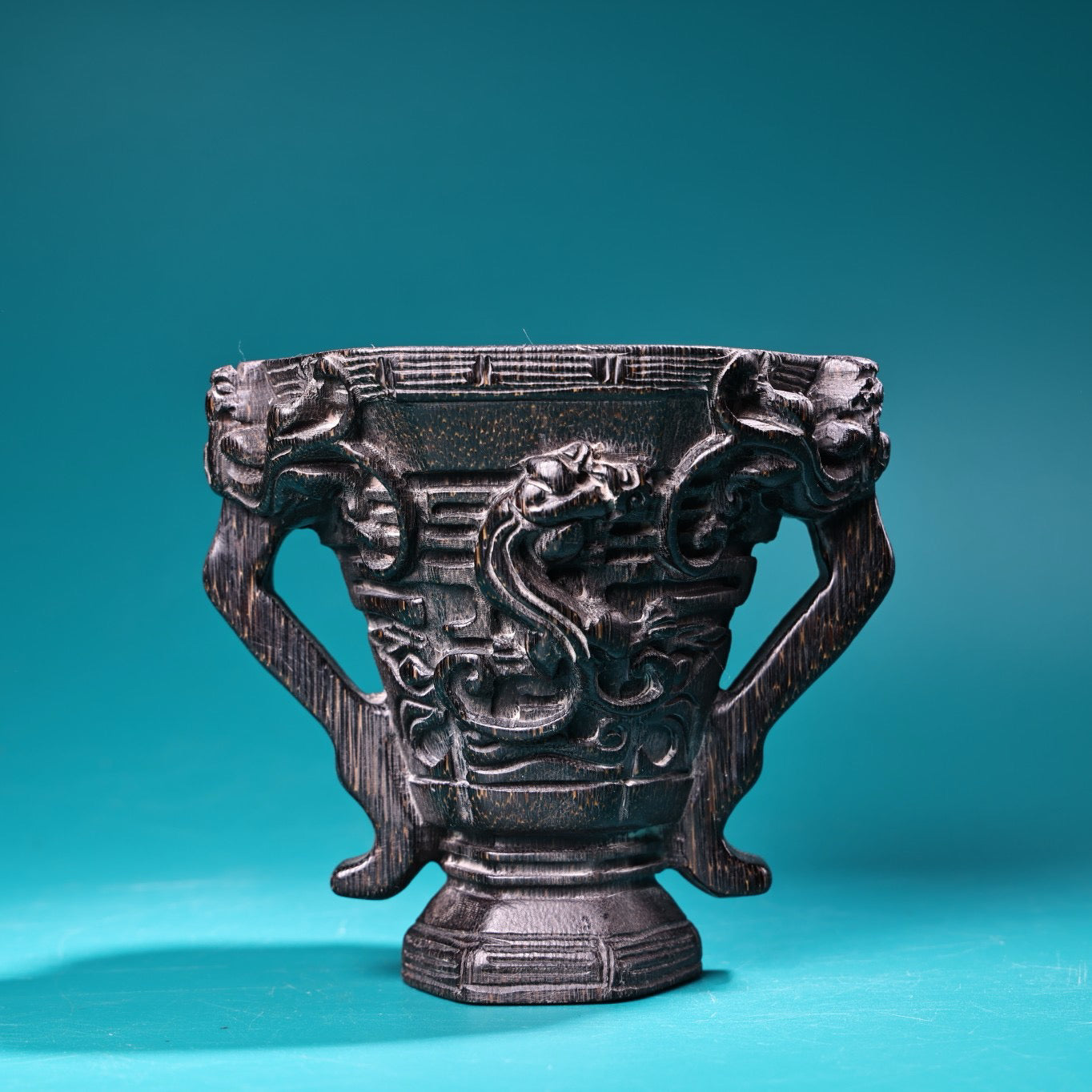 Chinese Antique High Relief Carving Rhinoceros Horn Point Carving Wine Cup