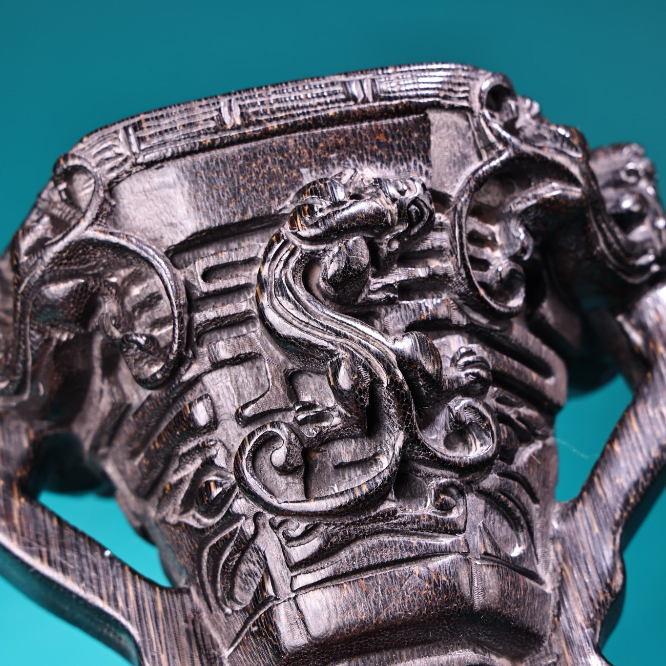 Chinese Antique High Relief Carving Rhinoceros Horn Point Carving Wine Cup