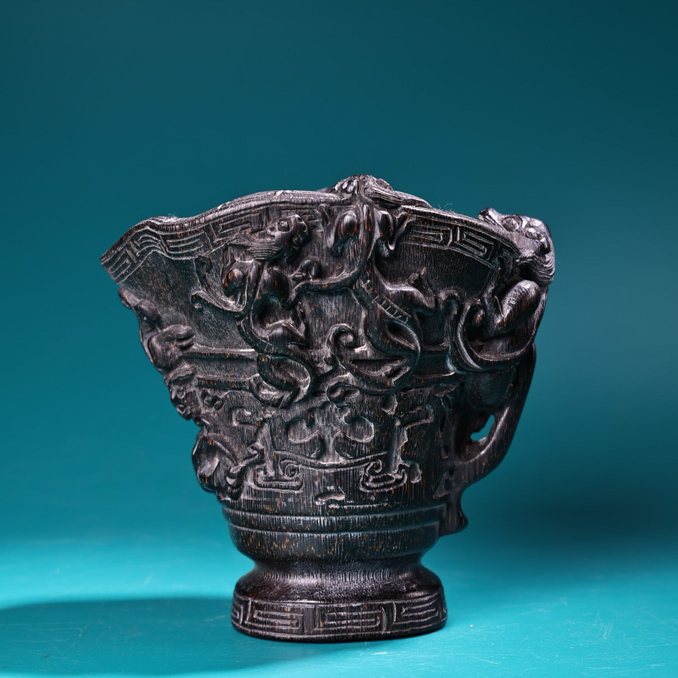 Chinese Antique High Relief Carving Rhinoceros Horn Point Carving Wine Cup