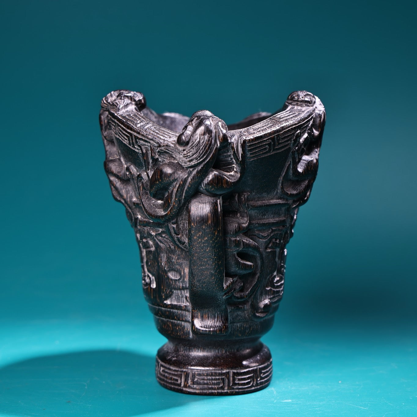 Chinese Antique High Relief Carving Rhinoceros Horn Point Carving Wine Cup