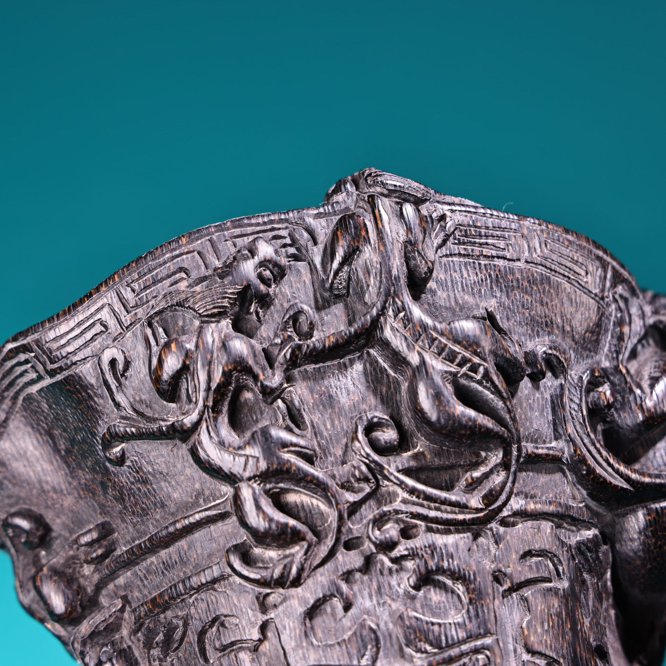 Chinese Antique High Relief Carving Rhinoceros Horn Point Carving Wine Cup