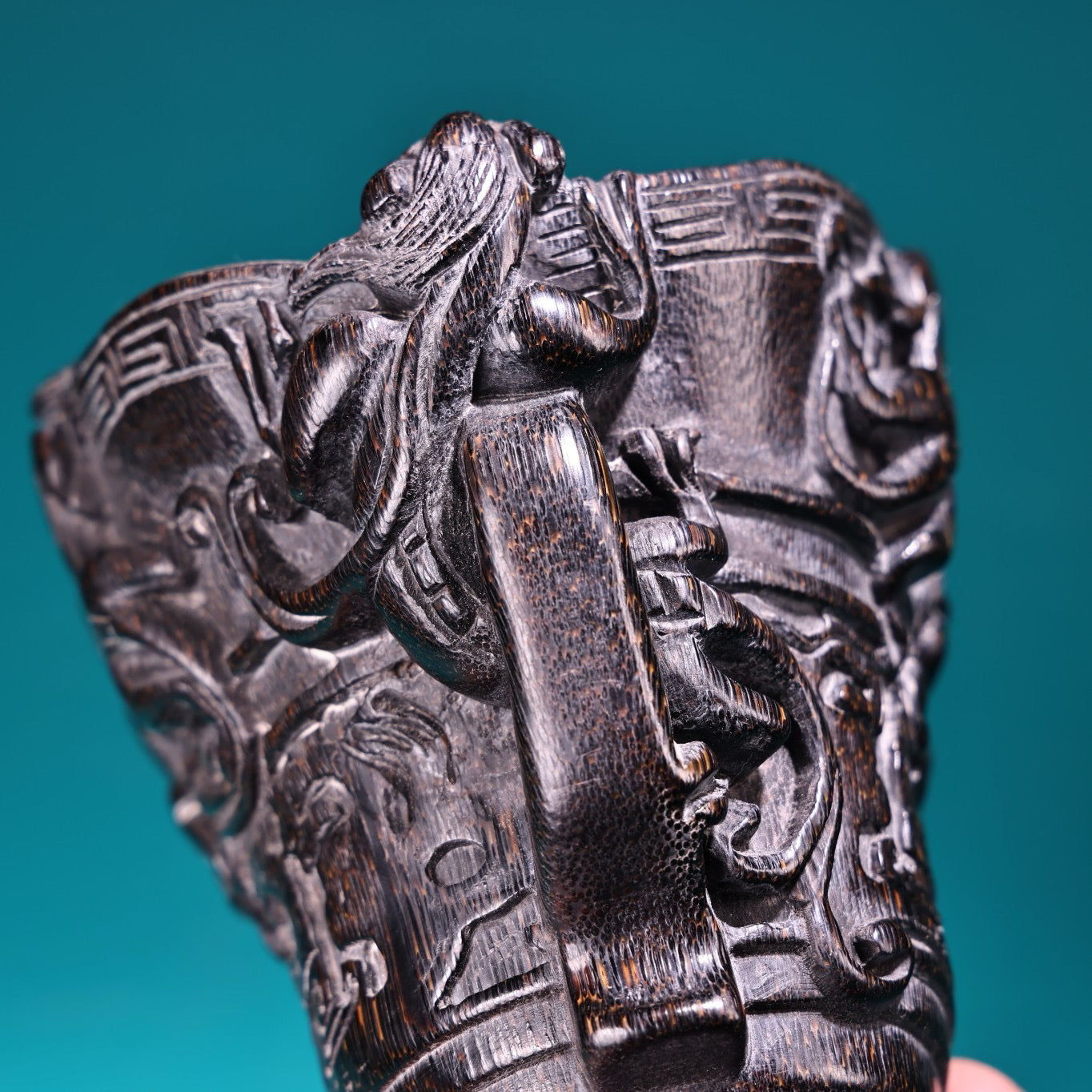Chinese Antique High Relief Carving Rhinoceros Horn Point Carving Wine Cup