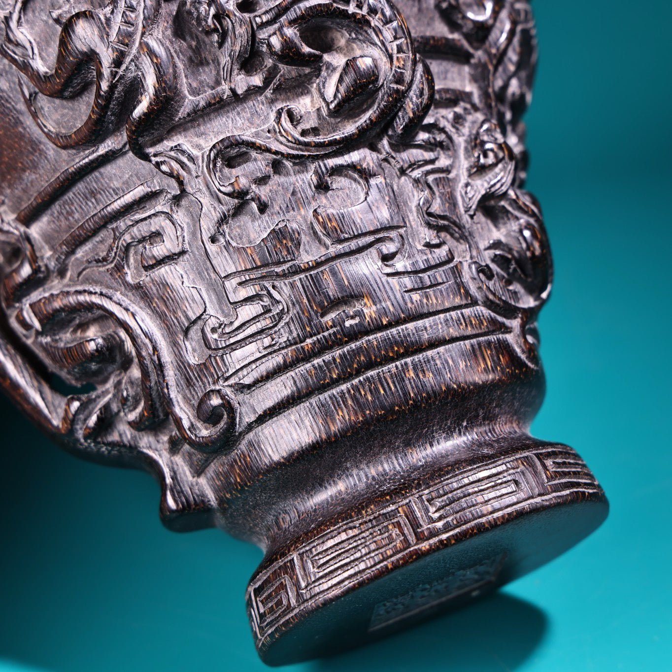 Chinese Antique High Relief Carving Rhinoceros Horn Point Carving Wine Cup