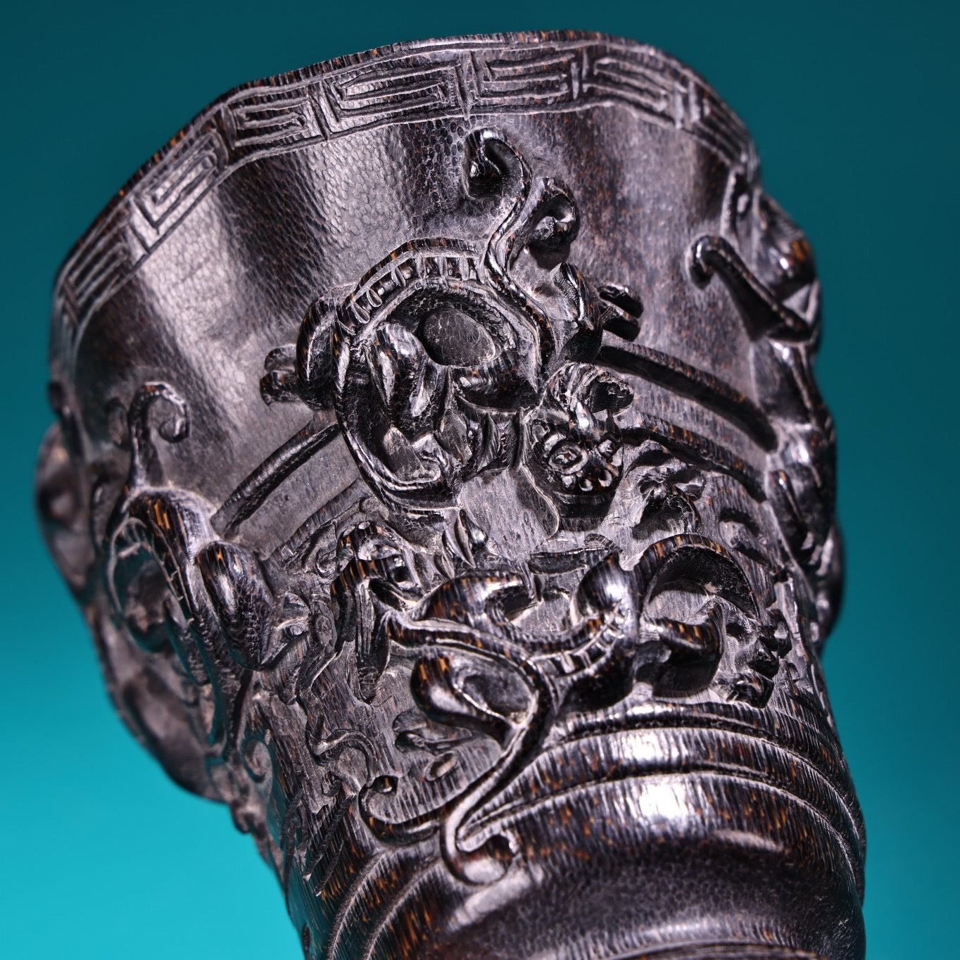 Chinese Antique High Relief Carving Rhinoceros Horn Point Carving Wine Cup
