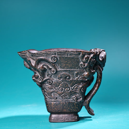 Chinese Antique High Relief Carving Rhinoceros Horn Point Carving Wine Cup